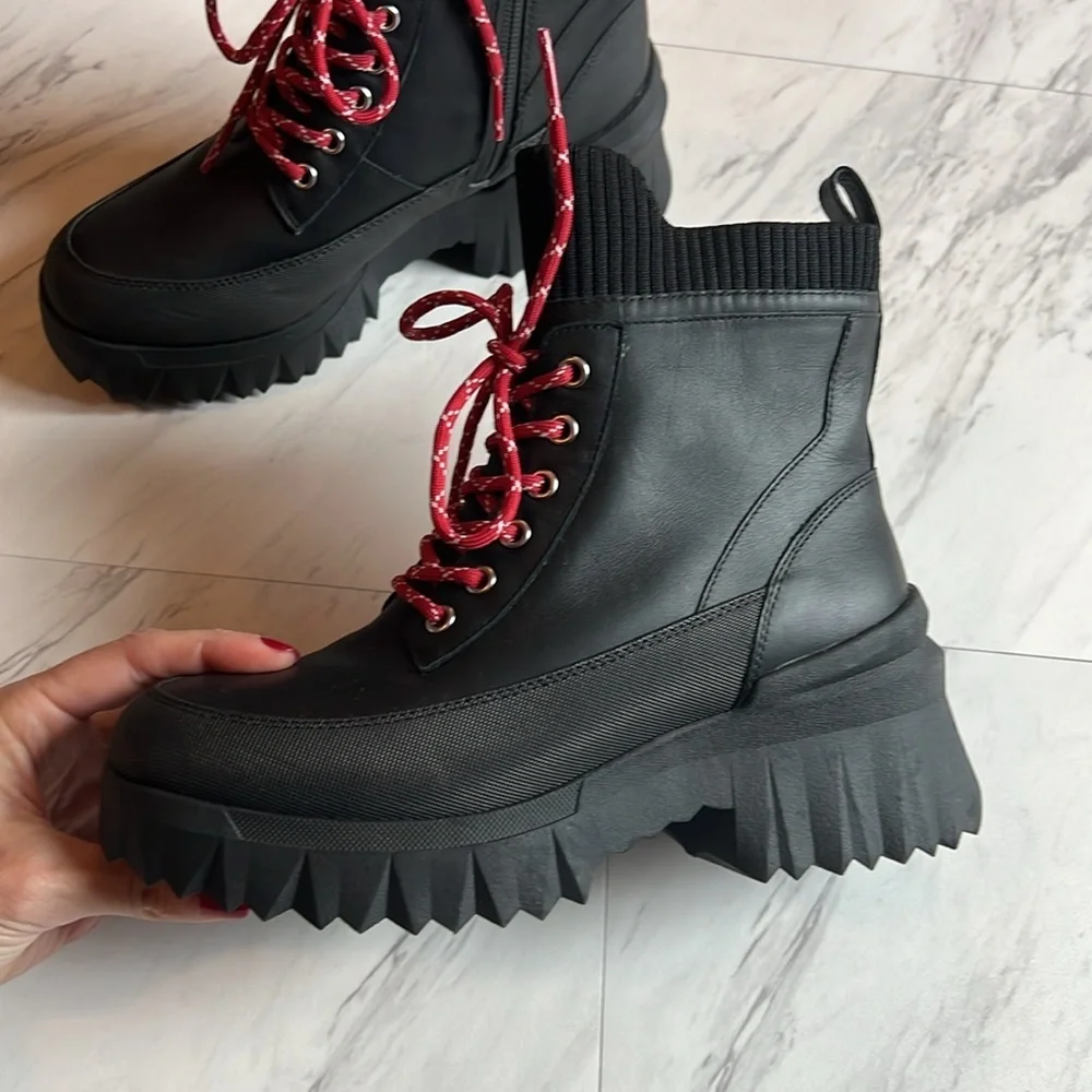 Nurture Whitney chunky boot waterproof red laces black heel shoe booties